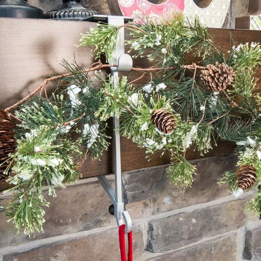 Christmas garland displayed on fireplace mantel hanger